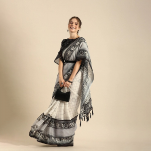 Black & Grey Ethnic Motifs Zari Pure Linen Saree